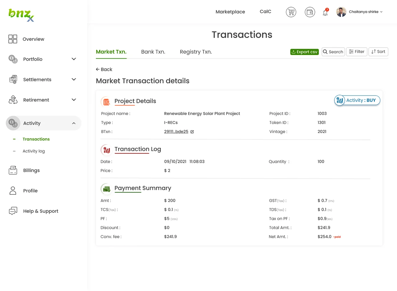 Original market transaction details